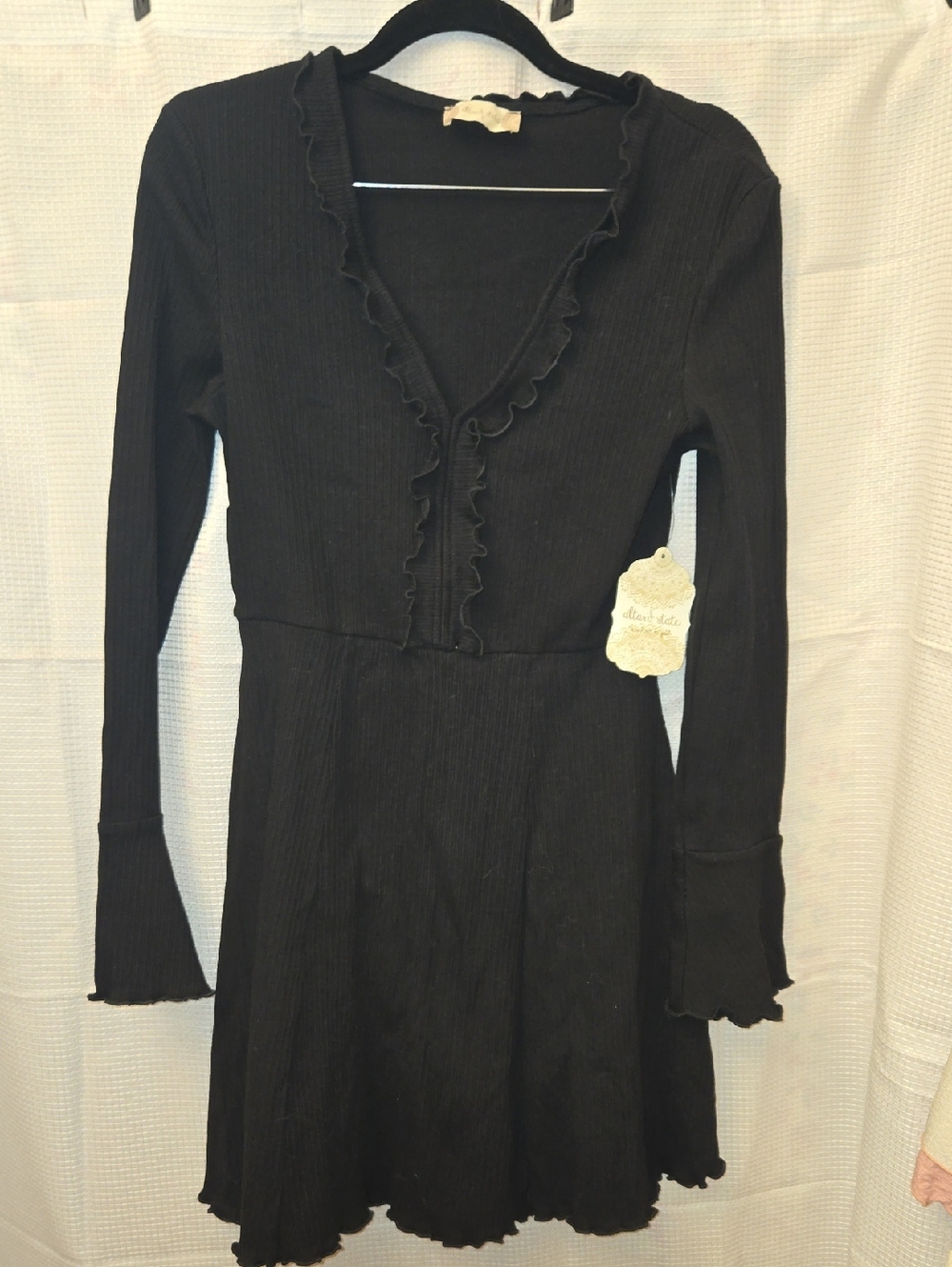 Altar’d State Black Ruffle Trim Knit Mini Dress Long Sleeve V Neck NWT Size S